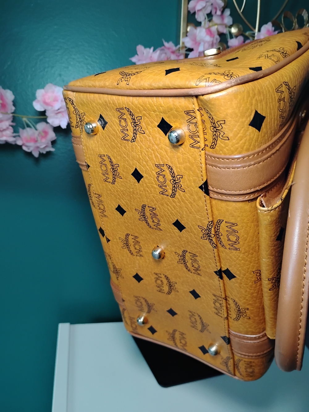 MCM Cognac Monogram Visetos Dome Satchel with Gold Hardware - Picture 10 of 10
